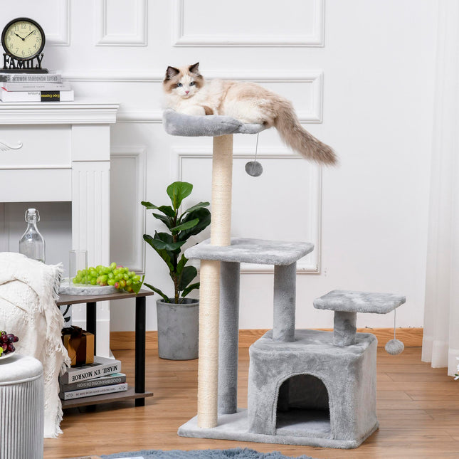 Cat Tree Tower 114cm Climbing Activity Centre with Sisal Scratching Post, Perch & Hanging Ball - Light Grey