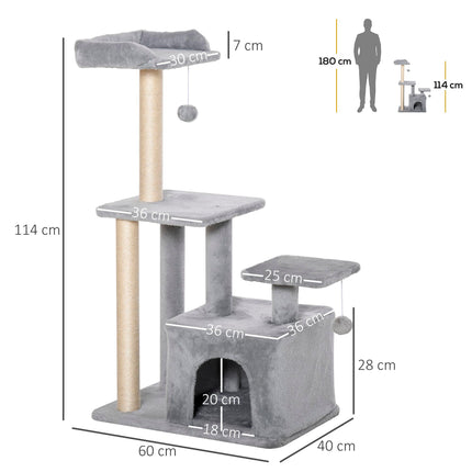 Cat Tree Tower 114cm Climbing Activity Centre with Sisal Scratching Post, Perch & Hanging Ball - Light Grey