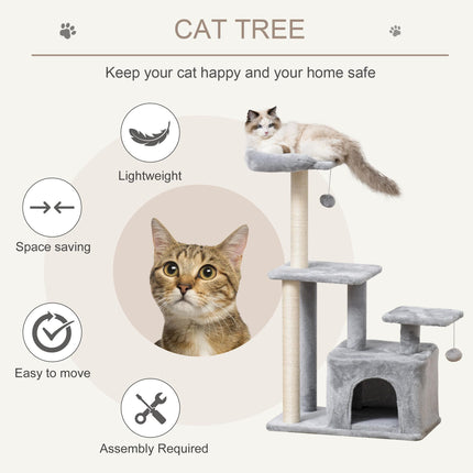 Cat Tree Tower 114cm Climbing Activity Centre with Sisal Scratching Post, Perch & Hanging Ball - Light Grey