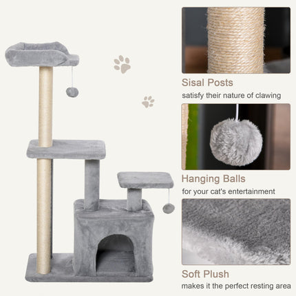 Cat Tree Tower 114cm Climbing Activity Centre with Sisal Scratching Post, Perch & Hanging Ball - Light Grey