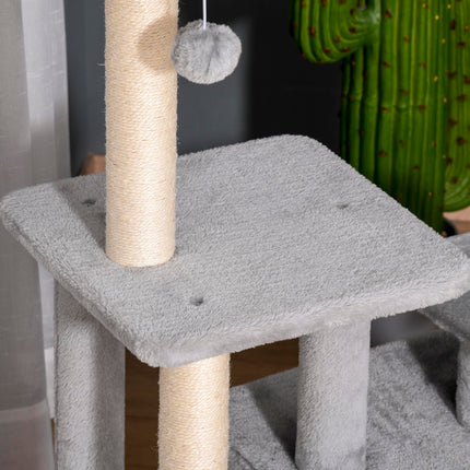 Cat Tree Tower 114cm Climbing Activity Centre with Sisal Scratching Post, Perch & Hanging Ball - Light Grey