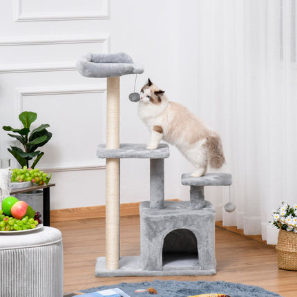 Cat Tree Tower 114cm Climbing Activity Centre with Sisal Scratching Post, Perch & Hanging Ball - Light Grey