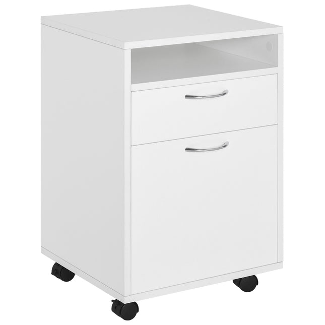60cm Mobile Storage Cabinet with Drawer, Open Shelf & Metal Handles - White