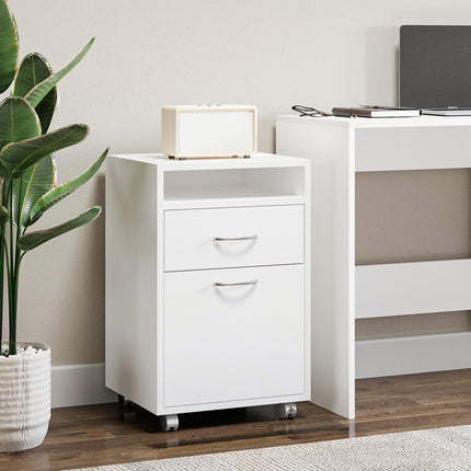60cm Mobile Storage Cabinet with Drawer, Open Shelf & Metal Handles - White