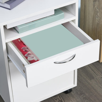 60cm Mobile Storage Cabinet with Drawer, Open Shelf & Metal Handles - White