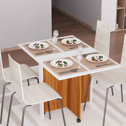 Folding Dining Table Writing Desk Workstation with Casters - Teak Colour White