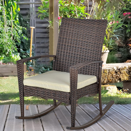 Rattan Outdoor Rocking Chair with Cushion Garden Patio Wicker Seater - Brown