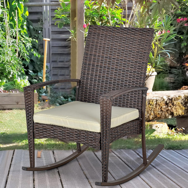 Rattan Outdoor Rocking Chair with Cushion Garden Patio Wicker Seater - Brown