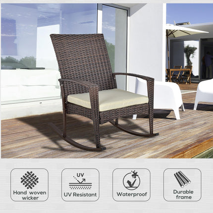 Rattan Outdoor Rocking Chair with Cushion Garden Patio Wicker Seater - Brown
