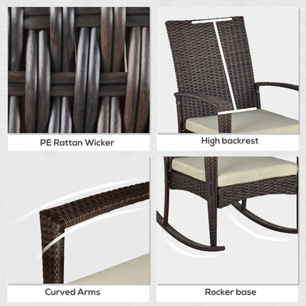 Rattan Outdoor Rocking Chair with Cushion Garden Patio Wicker Seater - Brown