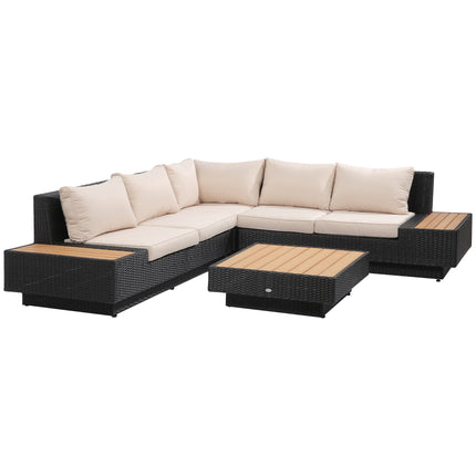 5-Seater Rattan Garden Furniture Sectional Corner Sofa with Coffee Table and Cushions - Black