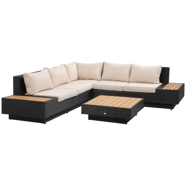 5-Seater Rattan Garden Furniture Sectional Corner Sofa with Coffee Table and Cushions - Black