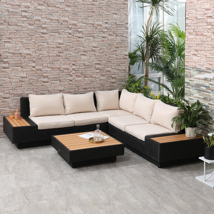 5-Seater Rattan Garden Furniture Sectional Corner Sofa with Coffee Table and Cushions - Black