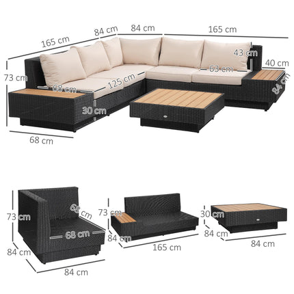 5-Seater Rattan Garden Furniture Sectional Corner Sofa with Coffee Table and Cushions - Black