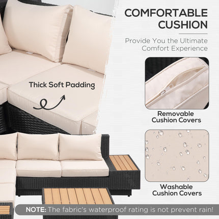 5-Seater Rattan Garden Furniture Sectional Corner Sofa with Coffee Table and Cushions - Black
