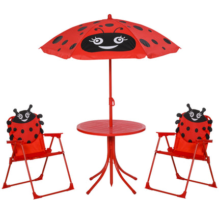 4 Piece Kids Folding Picnic Table and Chairs Set with Adjustable Parasol - Ladybug Red