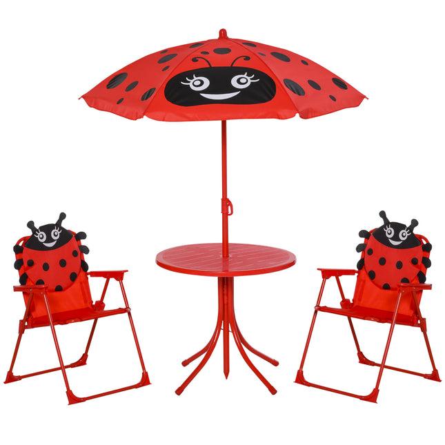 4 Piece Kids Folding Picnic Table and Chairs Set with Adjustable Parasol - Ladybug Red