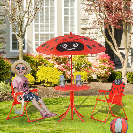 4 Piece Kids Folding Picnic Table and Chairs Set with Adjustable Parasol - Ladybug Red