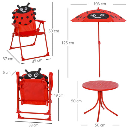 4 Piece Kids Folding Picnic Table and Chairs Set with Adjustable Parasol - Ladybug Red