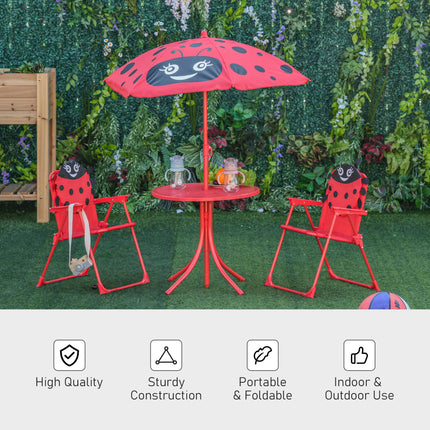 4 Piece Kids Folding Picnic Table and Chairs Set with Adjustable Parasol - Ladybug Red