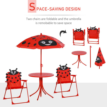 4 Piece Kids Folding Picnic Table and Chairs Set with Adjustable Parasol - Ladybug Red