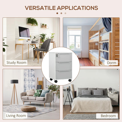 3-Drawer Locking Mobile File Cabinet Chest on Wheels for Home Office Bedroom Living Room - Grey White