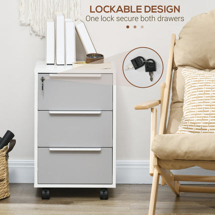 3-Drawer Locking Mobile File Cabinet Chest on Wheels for Home Office Bedroom Living Room - Grey White