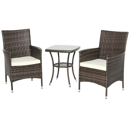 3 Piece Garden Rattan Bistro Set with Cushions - Brown