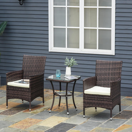 3 Piece Garden Rattan Bistro Set with Cushions - Brown