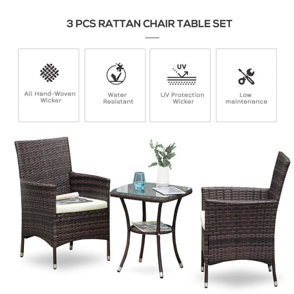 3 Piece Garden Rattan Bistro Set with Cushions - Brown