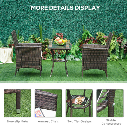 3 Piece Garden Rattan Bistro Set with Cushions - Brown