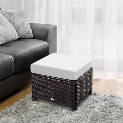 Rattan Footstool with Padded Water-Resistant Cushion - Brown