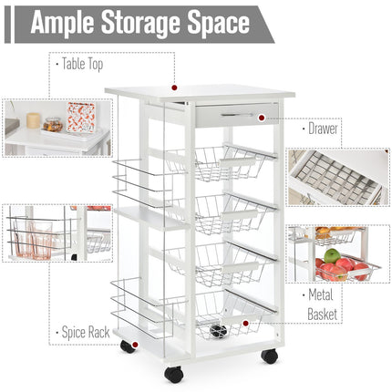 Rolling Kitchen Cart, Utility Storage Cart with 4 Basket Drawers & Side Racks, W