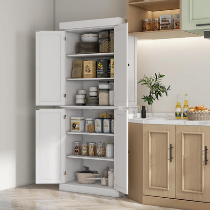 Freestanding Kitchen Cupboard with 4 Doors, 6-Tier and Adjustable Shelves - White