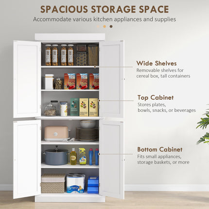 Freestanding Kitchen Cupboard with 4 Doors, 6-Tier and Adjustable Shelves - White