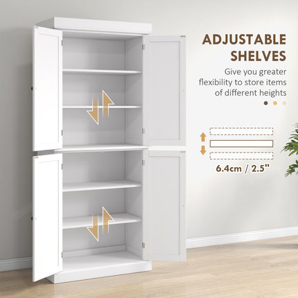 Freestanding Kitchen Cupboard with 4 Doors, 6-Tier and Adjustable Shelves - White