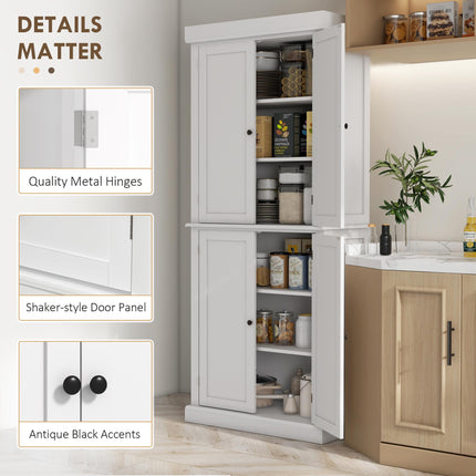 Freestanding Kitchen Cupboard with 4 Doors, 6-Tier and Adjustable Shelves - White