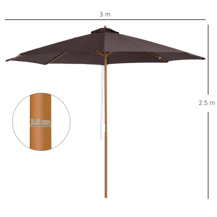 3 Metre Bamboo Wooden Patio Umbrella with Adjustable Angle - Coffee