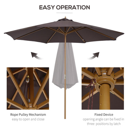 3 Metre Bamboo Wooden Patio Umbrella with Adjustable Angle - Coffee
