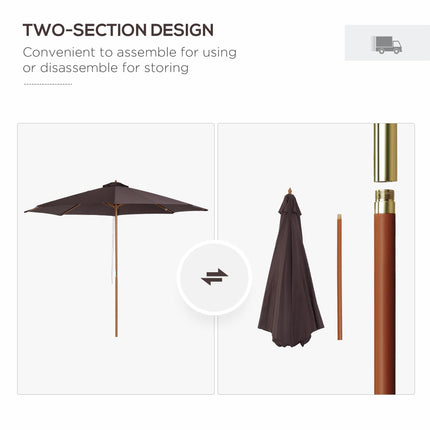 3 Metre Bamboo Wooden Patio Umbrella with Adjustable Angle - Coffee