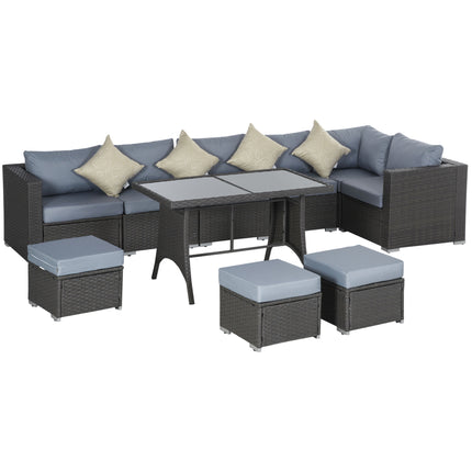 10PC Garden Rattan Corner Dining Sofa Set 9-Seater Patio Outdoor Wicker Lounge with Cushions & Pillows - Deep Grey