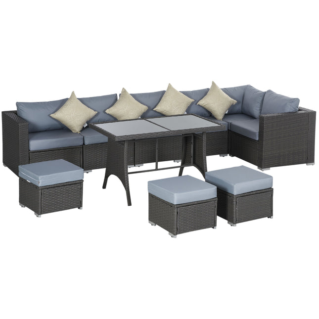 10PC Garden Rattan Corner Dining Sofa Set 9-Seater Patio Outdoor Wicker Lounge with Cushions & Pillows - Deep Grey