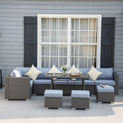 10PC Garden Rattan Corner Dining Sofa Set 9-Seater Patio Outdoor Wicker Lounge with Cushions & Pillows - Deep Grey