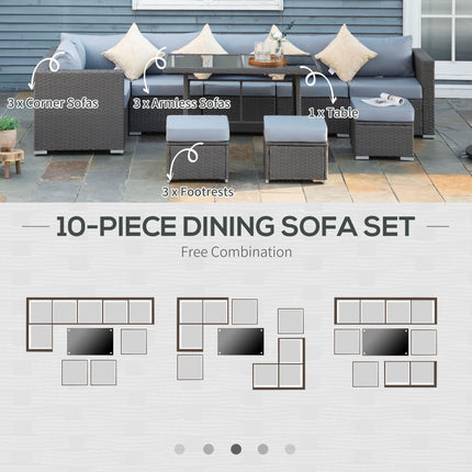 10PC Garden Rattan Corner Dining Sofa Set 9-Seater Patio Outdoor Wicker Lounge with Cushions & Pillows - Deep Grey