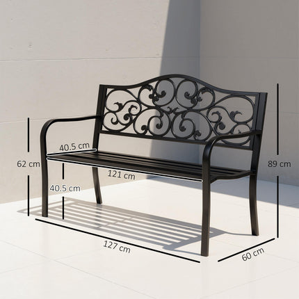 Metal Garden Bench with Floral Backrest and Armrests - Black