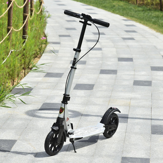 Foldable Adult & Teen Kick Scooter with Adjustable Height, Rear Wheel Brake & Shock Mitigation System - Silver
