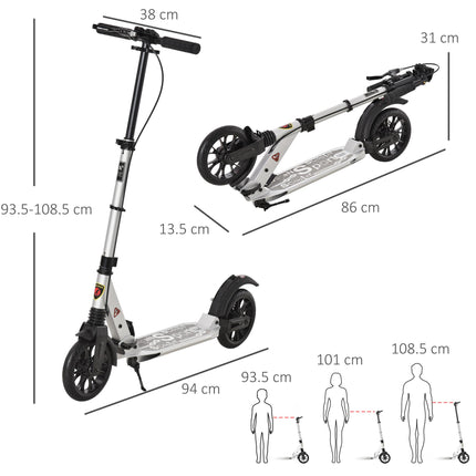 Foldable Adult & Teen Kick Scooter with Adjustable Height, Rear Wheel Brake & Shock Mitigation System - Silver