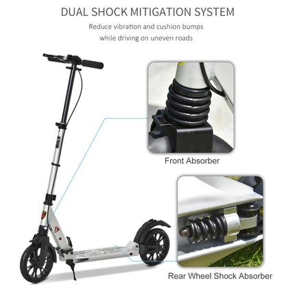 Foldable Adult & Teen Kick Scooter with Adjustable Height, Rear Wheel Brake & Shock Mitigation System - Silver