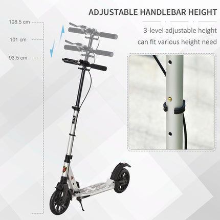 Foldable Adult & Teen Kick Scooter with Adjustable Height, Rear Wheel Brake & Shock Mitigation System - Silver