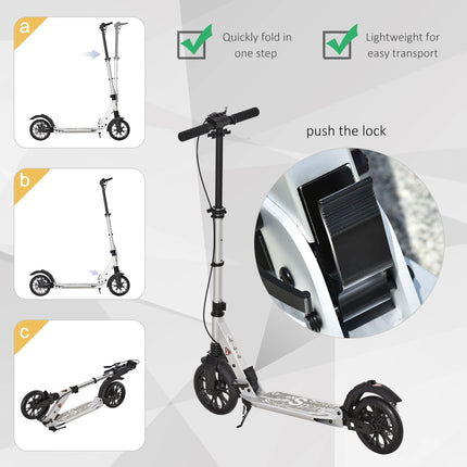 Foldable Adult & Teen Kick Scooter with Adjustable Height, Rear Wheel Brake & Shock Mitigation System - Silver